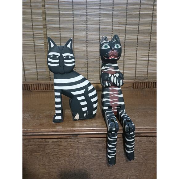 Vintage Laurel Burch Style Folk Art Black And White Wood Cats - Picture 1 of 10